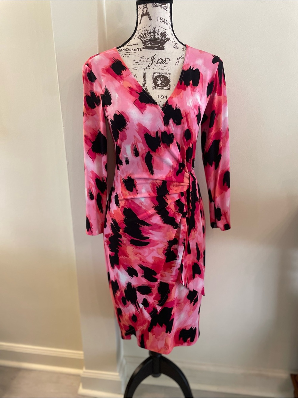 Cache Y2K Hot Pink Animal Print Faux Wrap Dress ~ 3/4 sleeve ~ M